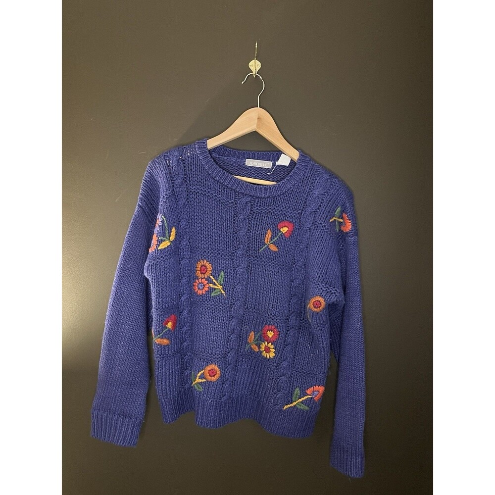 Vintage 80s 90s Jordache Sweater Womens M  Cable Knit Embroidered Floral Ramie